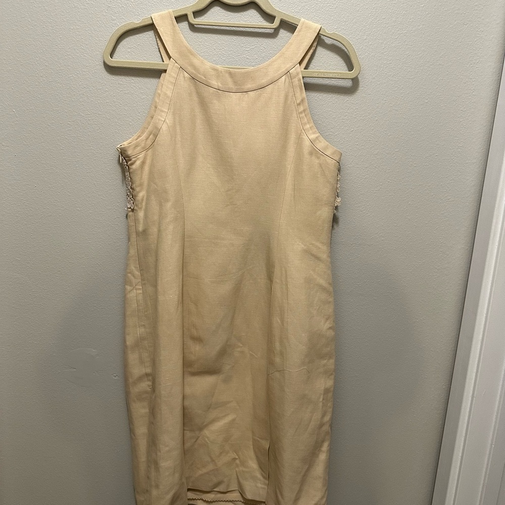 Anthropologie Postage Stamp Oleander crochet Linen Sheath Dress Size 10 Cream - Picture 8 of 14